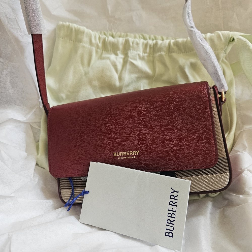 Burberry Red Leather and Classic Check Crossbody with Gold Logo